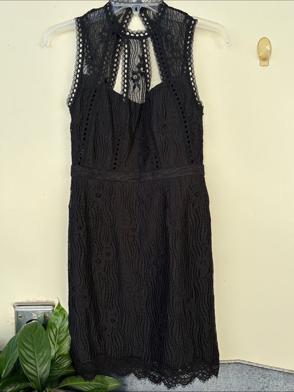 Sleeveless Black Lace Mini Dress with High Neck